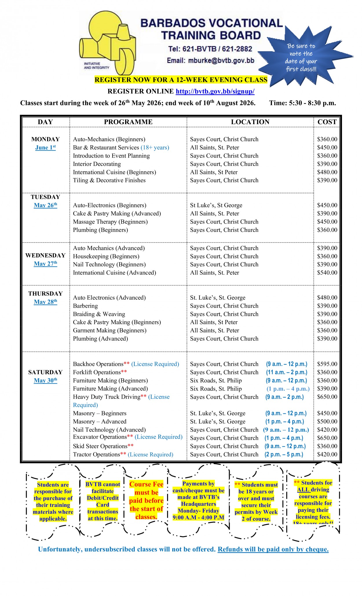 Evening Programme Schedule May 2026